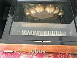 19th C. SWISS CYLINDER MUSIC BOX WITH Swan INLAYS OF WOOD AND WITH BELLS! LOOK