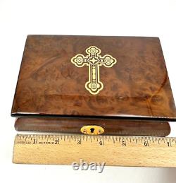 $677 Remarkable SANKYO 23 Note Cross Inlay Musical Jewelry Box inlaid wood withkey