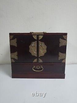 Antique Chinese Blessing Brass & Wood Musical Drawer Storage Box 12 x 7 x 10