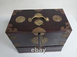 Antique Chinese Blessing Brass & Wood Musical Drawer Storage Box 12 x 7 x 10