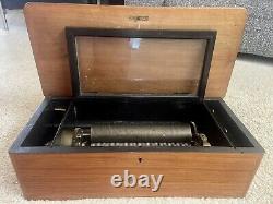 Antique Cylinder Swiss Music Box Hand Crank 6 Aires Beautiful Handmade Teak Box