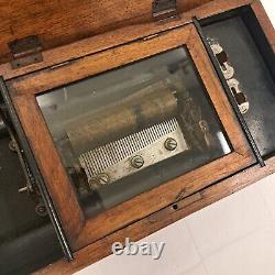 Antique Cylinder Swiss Music Box Hand Crank Solid Wood Handmade Box Works