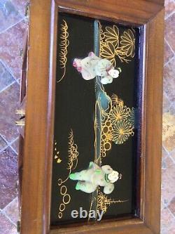 Chinese working music jewelry box with carved stone figures and 3 drawers ring