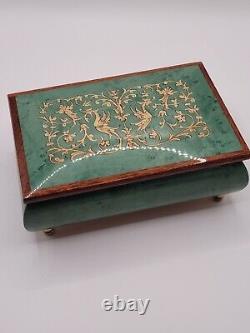 Italian Inlay emerald Green Floral Musical Jewelry Box- Brass feet & hinges