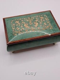 Italian Inlay emerald Green Floral Musical Jewelry Box- Brass feet & hinges