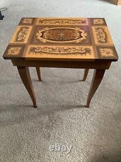 Italian Wood Inlay FLORENTINA Musical Jewelry Box Side Table with removable legs