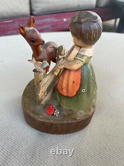 Music Box Girl Violin Deer Bird Fence Reuge Anri Wooden Vintage Blue Danube TLC