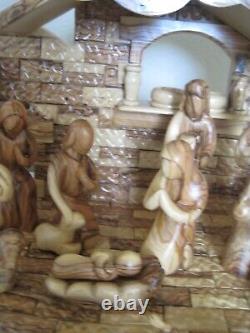 Olive Wood Nativity With Music Box Large 13 Piece Plays Silent Night