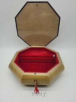 REUGE ITALY OCTAGON FLORAL WOOD INLAY JEWELRY / MUSIC BOX with KEY MY WAY