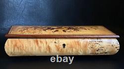 Reuge Marquetry Burl Wood Swiss Movement Music / Jewelry Box. Made in Italy