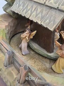Vintage Anri Christmas Wood Carved Light Up /motion Nativity Music Box