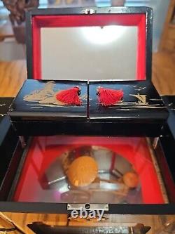 Vintage Asian Black Decorated Lacquer Music Jewelry Box withMoving Rickshaw 13x8