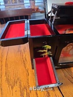 Vintage Asian Black Decorated Lacquer Music Jewelry Box withMoving Rickshaw 13x8