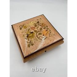 Vintage Italian Music Box Flowers Inlay Wood Color Floral Design Square No Key