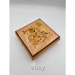 Vintage Italian Music Box Flowers Inlay Wood Color Floral Design Square No Key