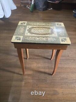 Vintage Music Box Wood Table Inlaid Marquetry Side Table Love Story