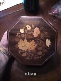 Vintage Octagonal Jewelry Box, Inlaid Wood Floral Design Italy plays music