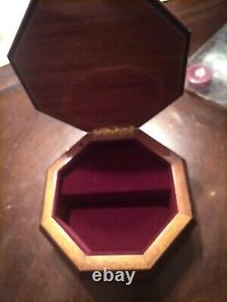 Vintage Octagonal Jewelry Box, Inlaid Wood Floral Design Italy plays music