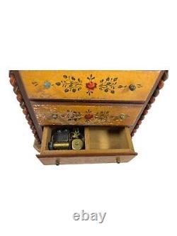 Vintage Reuge Swiss Musical Movement Wood Music Jewelry Box Three Drawers READ