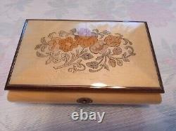 Vtg Wood Inlay Jewelry Music Box ROMANCE For All We Know Swiss Made Italy Key